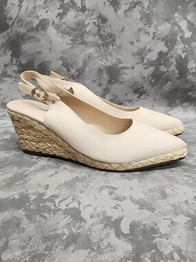 New Juliet Holy Wedge Slingback Espadrilles - Almond Toe - Cream - Size 7